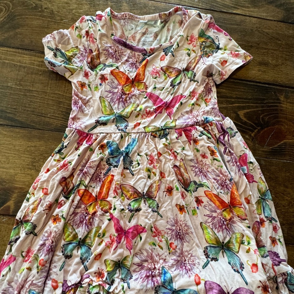 Posh Peanut Water Color Butterfly Bamboo Ruffled Short Sleeve Twirl Dress